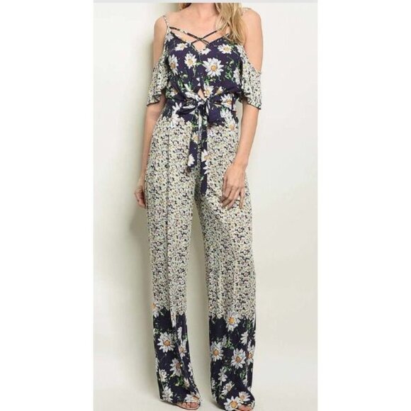 Women's Wide Leg Floral Outfit Blue Cold Shoulder‎ Floral Print Pant Set Size L - Picture 7 of 7